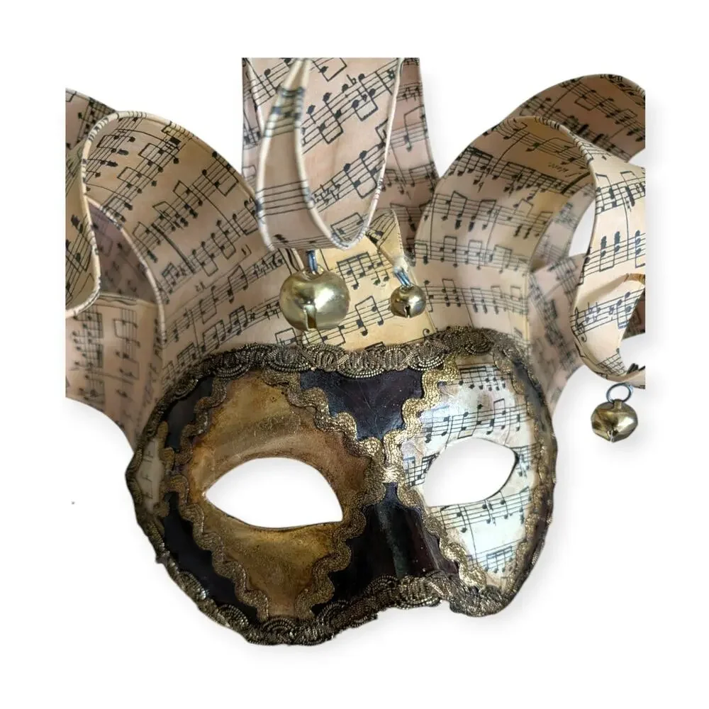 Venetian Jolly Mask with Musical Notes Golden Bells Handmade in Italy Masquerade